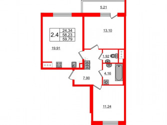 Двухкомнатная квартира 58.23 м²