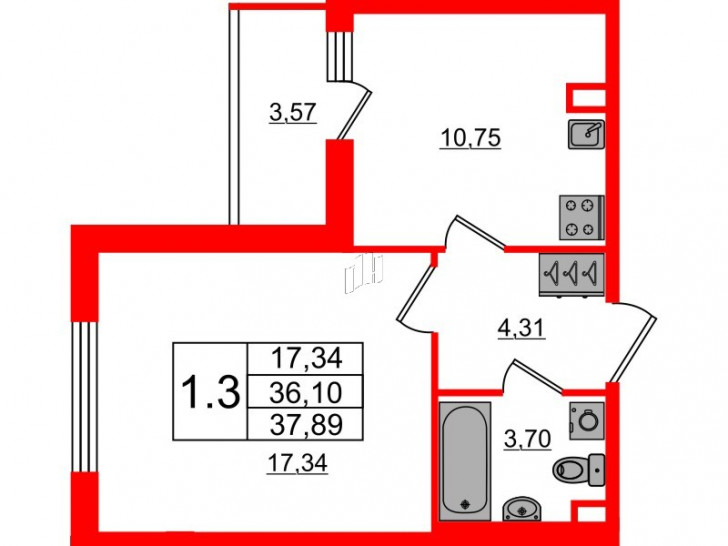 Однокомнатная квартира 36.1 м²