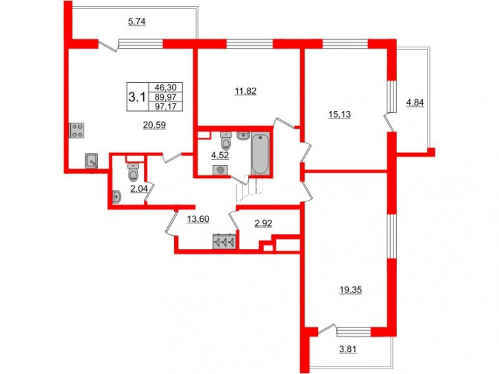 Трёхкомнатная квартира 89.97 м²