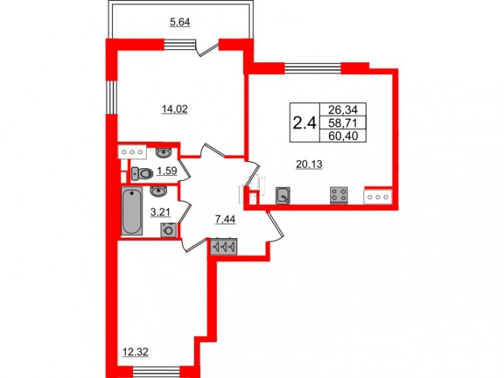 Двухкомнатная квартира 58.71 м²