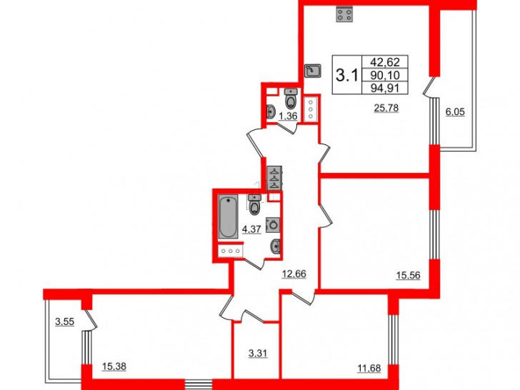 Трёхкомнатная квартира 90.1 м²