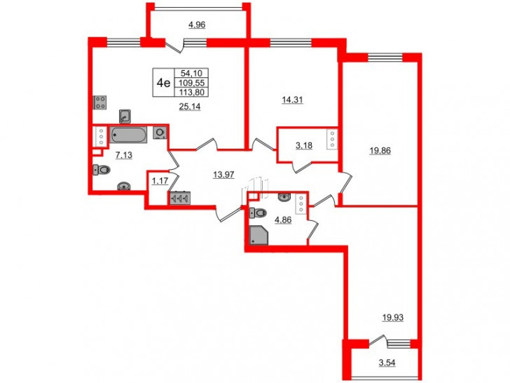 Трёхкомнатная квартира 109.55 м²