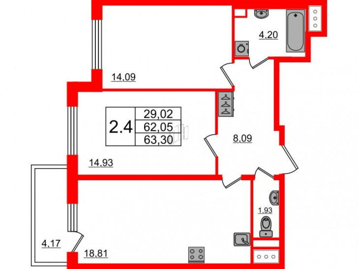 Двухкомнатная квартира 62.05 м²