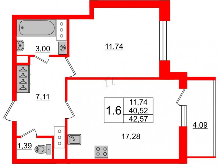 Однокомнатная квартира 40.52 м²