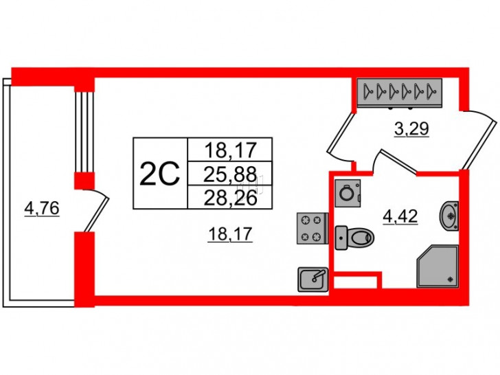 Студия 25.88 м²