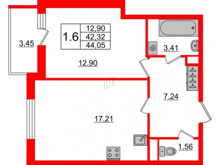 Однокомнатная квартира 42.32 м²