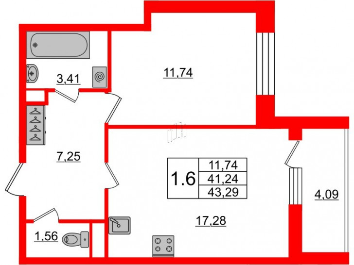 Однокомнатная квартира 41.24 м²