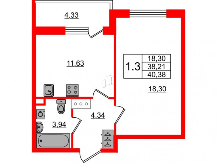 Однокомнатная квартира 38.21 м²