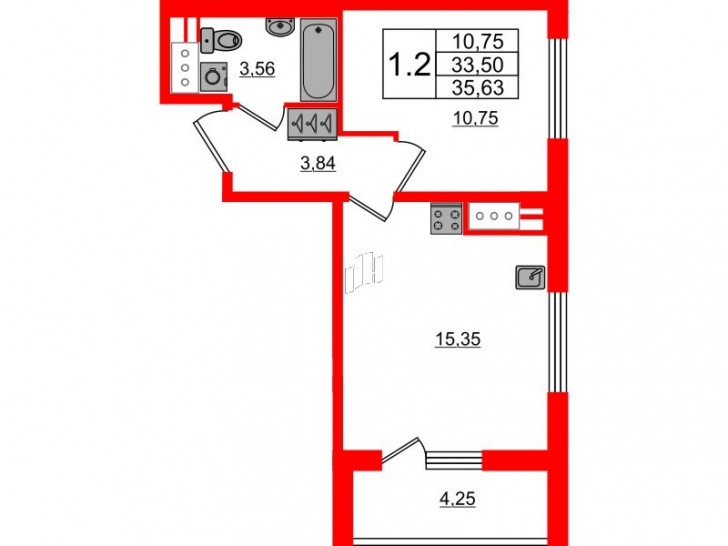 Однокомнатная квартира 33.5 м²