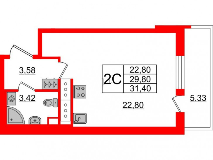 Студия 29.8 м²