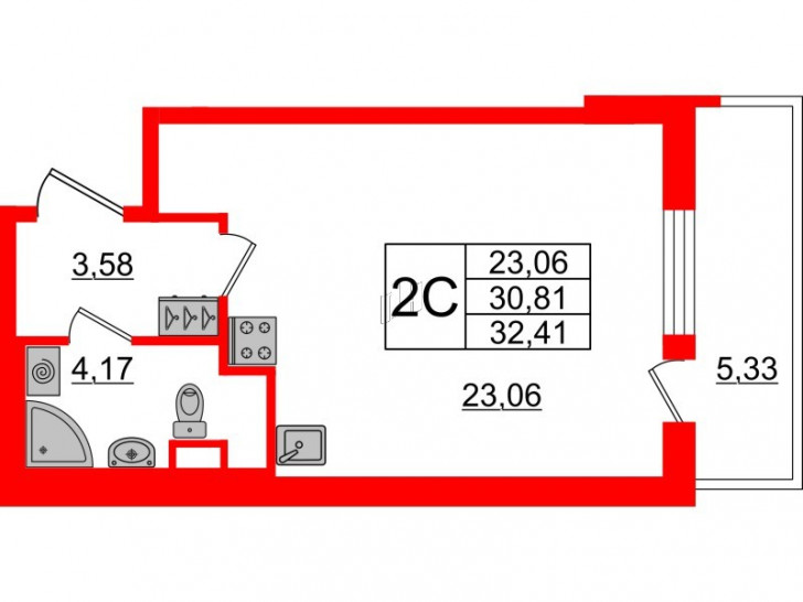 Студия 30.81 м²