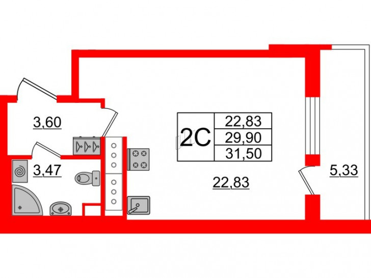 Студия 29.9 м²