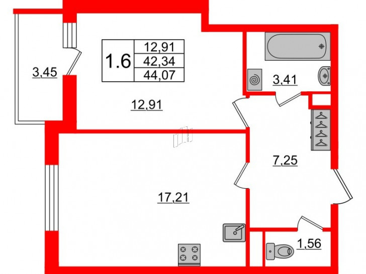 Однокомнатная квартира 42.34 м²