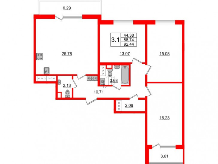 Трёхкомнатная квартира 88.74 м²