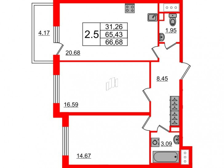 Двухкомнатная квартира 65.43 м²