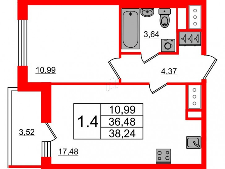 Однокомнатная квартира 36.48 м²