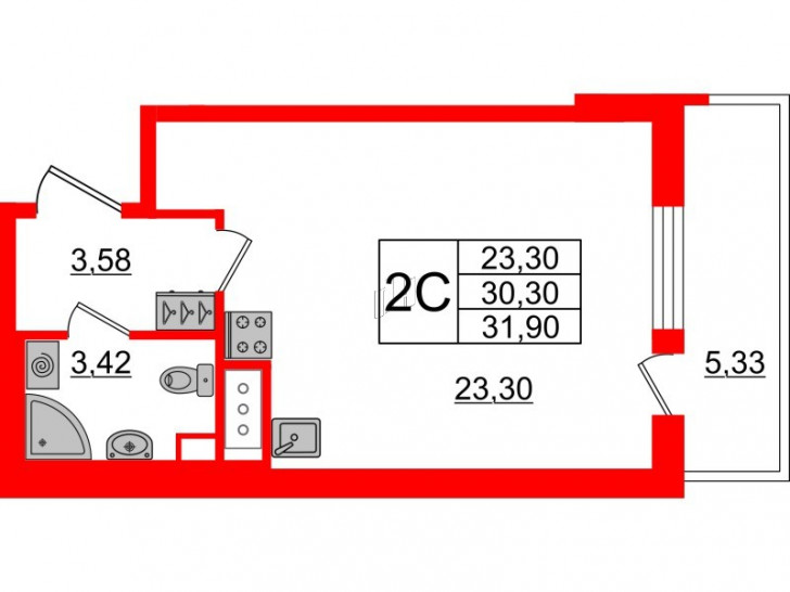 Студия 30.3 м²