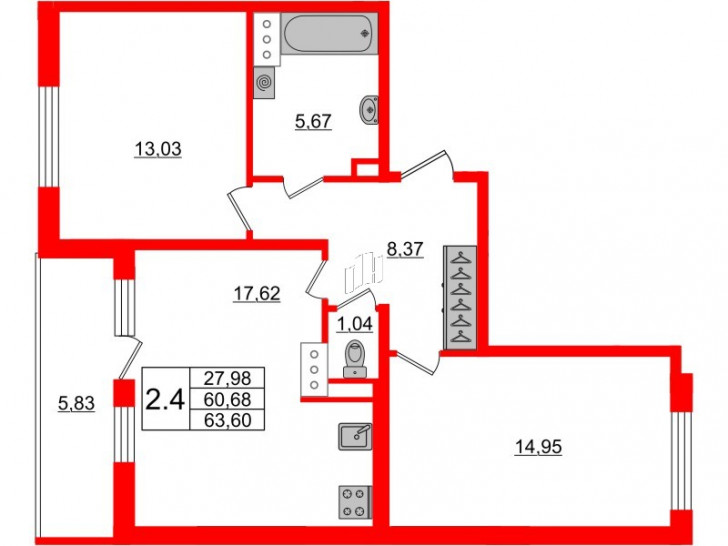 Двухкомнатная квартира 60.68 м²