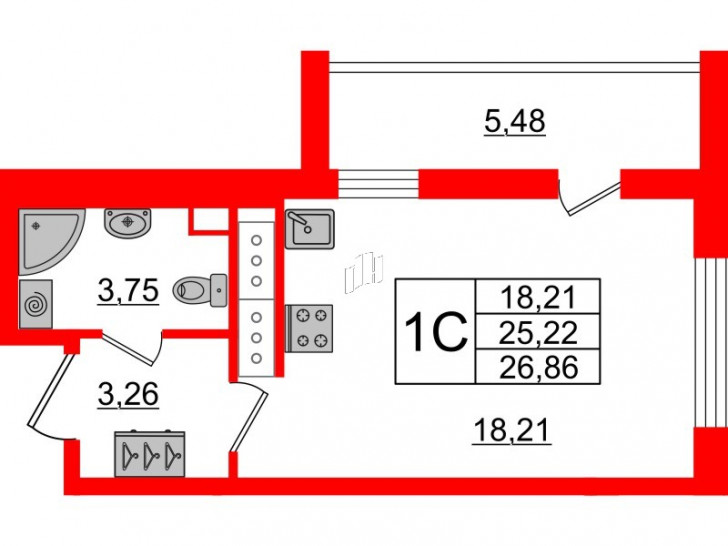 Студия 25.22 м²