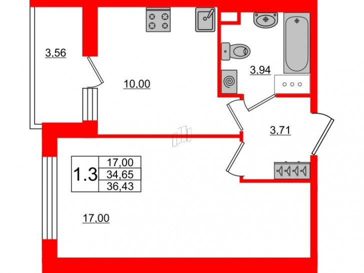 Однокомнатная квартира 34.65 м²