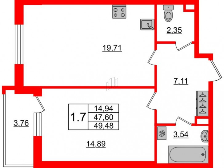 Однокомнатная квартира 47.6 м²