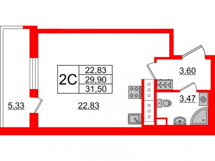 Студия 29.9 м²