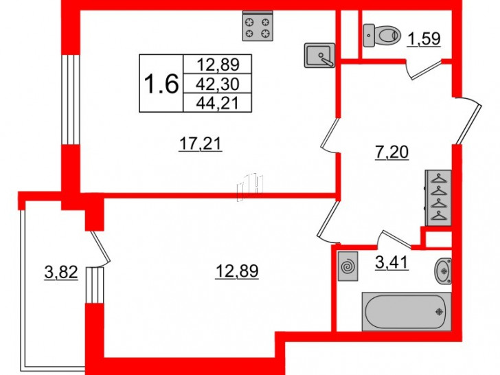 Однокомнатная квартира 42.3 м²