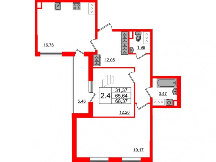 Двухкомнатная квартира 65.64 м²
